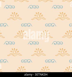 Boho sun and blue waves vector seamless pattern Stock Vector