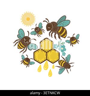 Abstract cute bees, honeycombs and the sun. Hand drawn. Not AI, vector illustration. Stock Vector