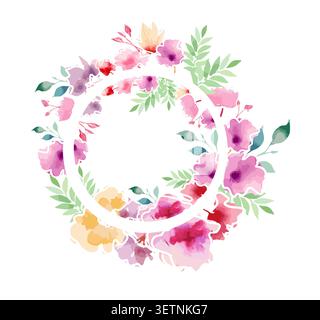 Greenery and red flowers, Round banner, watercolor tiny floral elements . flower wreath Hand drawn. Not AI, vector illustration. Stock Vector