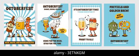 Beer festival groovy posters. Oktoberfest banners and postcards templates. Funny can and bottles with drinks, food sausages, symbols, neoteric vector Stock Vector