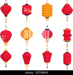 Cartoon chinese style lantern. Decorative asian style interior and street decorations. Traditional paper lamps, red and yellow lanterns, sapid vector Stock Vector