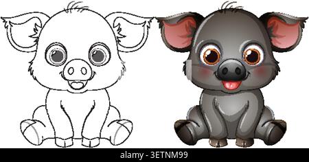 A smiling baby wild boar illustration presented in both colored and black line art styles. Stock Vector