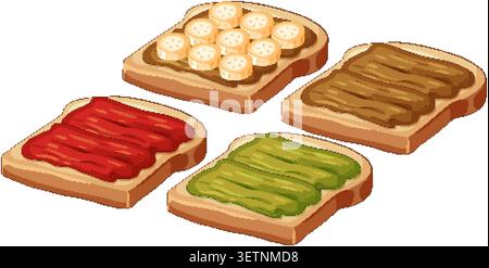 Vector illustration of four toast slices with various spreads and fruit on white background Stock Vector