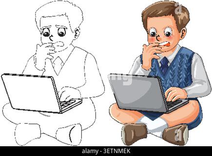 Cartoon schoolboy anxiously using laptop, colored and outline versions, isolated on white background Stock Vector