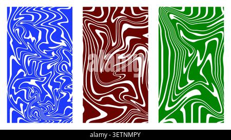 Abstract liquid marble texture background set with psychedelic groovy waves Stock Vector