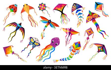 Cartoon paper kites in animal, bird and fish shapes with rainbow ribbons, vector icons. Colorful kites for summer festival or kids toy, kite dragonfly, funny octopus with butterfly and ladybug Stock Vector