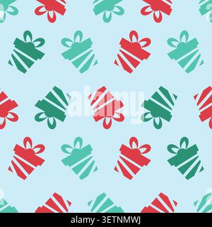 Repeated pattern of gift boxes with bows on a blue background. Vector illustration Stock Vector