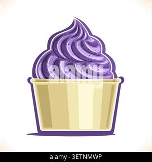 Vector illustration of Blueberry Ice Cream in paper cup, purple yam soft serve ice cream in tub box for cafe menu, placard with vegan twisted dessert Stock Vector