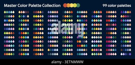 Color harmony palette with drop swatches or master colours chart mix and combination layout. Colors palette guide or spectrum scheme for match and blend of colour samples range from pastel to bright Stock Vector
