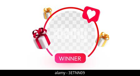 Winner frame with gift boxes and heart icon for social media. Perfect for giveaway and contest. Vector illustration Stock Vector