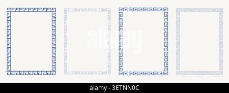 Greek key frames and borders. Set Doodle hand drawn vintage crayon ornament. Repeated geometric motif. Decorative ancient meander. Elegant isolated blue borders. . Vector illustration Stock Vector
