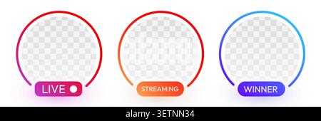 Social media profile picture frames with live streaming and winner tags for online content. Vector illustration Stock Vector