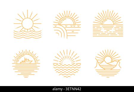Sunrise or sunset luxury icons of tropical ocean waves, sun light rays, mountains and yacht. Line art sunrise sea horizon nature landscape isolated symbols for travel agency or luxury resort hotel Stock Vector