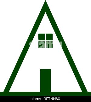 Simple flat illustration of a green A frame house with a triangular outline small window and centered door Stock Vector