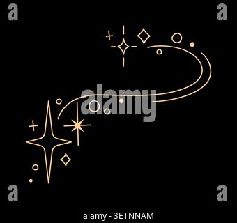 Golden star sparkles and twinkling bursts trace, blink and flash with glitters. Celestial starburst shine with spark shapes. Magic sweeping trail for celebration, wand wish radiance and luminous glow Stock Vector