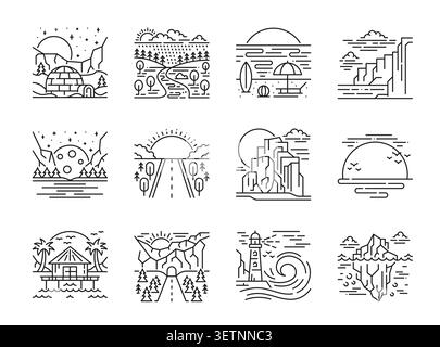 Landscape vector line icons of scenery nature views. Mountain lake at night, summer beach sunset and tropical island house, road tunnel, sea wave, lighthouse and fjord nature landscape outline icons Stock Vector