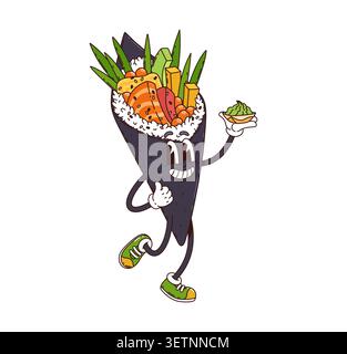 Cartoon groovy Japanese rice sushi and cute hand roll or temaki character with smiling face, salmon, egg, avocado, roe, seaweed and sneakers holding a small dish of wasabi. fun Japan food personage Stock Vector