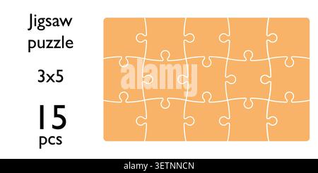 Jigsaw puzzle template with fifteen pieces arranged in structured 3x5 rectangle grid clean outline design on colored background for game infographic Stock Vector