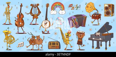 Cartoon groovy musical instrument characters. Retro y2k cute saxophone, piano, drum and horn vector personages, hippie rainbow, gramophone and radio. Groovy violin, trumpet and accordion characters Stock Vector