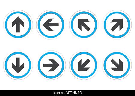 Circle arrow button set features blue vector icons. It complements web navigation and interface directional systems. eps 10 Stock Vector