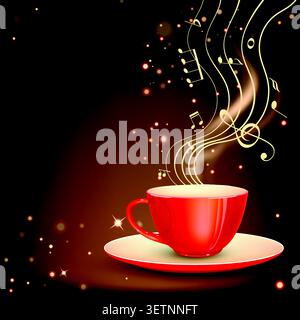 Warm red cup steams with musical notes rising Stock Vector