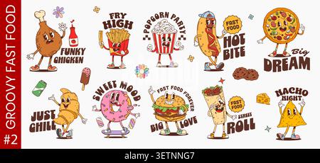 Y2k groovy funky fast food characters stickers and patches. Smiling retro comic snacks chicken drumstick, fries, popcorn and hotdog, pizza, burger and donut. Ice cream popsicle, croissant and burritoV Stock Vector