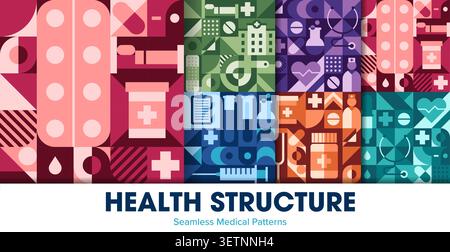 Health and medicine geometric seamless patterns. Medical background of healthcare and hospital, doctor and pharmacy science abstract mosaic. Medicine cross, pills, stethoscope, heart and syringe shape Stock Vector
