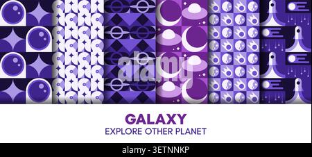 Galaxy space seamless patterns set with geometric Bauhaus universe planets and spaceships ornament. Space exploration Bauhaus abstract shapes seamless pattern with taking off rocket, planets and stars Stock Vector