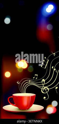 Red cup steams gently beside musical notes Stock Vector