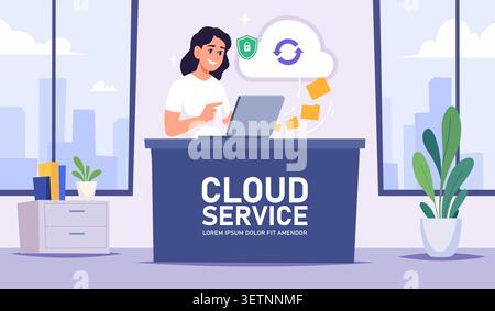 Cloud service. Vector illustration shows a woman working on a laptop with cloud sync security icons and a modern office interior Stock Vector