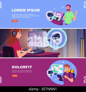 AI music. Vector banner shows a music creator working with a friendly AI assistant and analytics dashboard for digital audio production Stock Vector