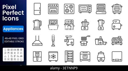 Kitchen appliances line icon set. Refrigerator, oven, microwave, blender, toaster, kettle, coffee maker linear minimal vector illustration. Simple Stock Vector