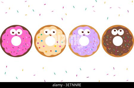 Cartoon sweet colorful doughnuts cake desserts. Collection of glazed donuts characters with sugar sprinkles and chocolate cream icing. Stock Vector