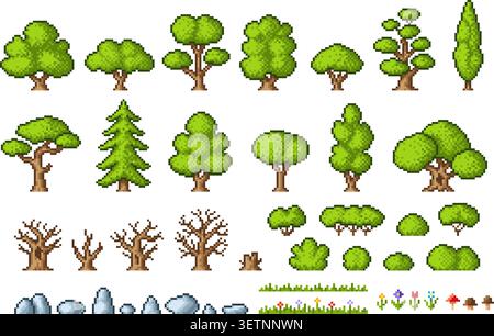 Pixel art game nature elements. Green and dry tree, flowers, stone, bush and grass. Retro pixelated 8 bit icons for arcade game landscape, tidy vector Stock Vector
