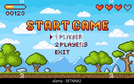 Start new game pixel art. 8-bit arcade computer play interface. Nature location with tree, mountain, clouds and stones. Score and energy bars, tidy Stock Vector