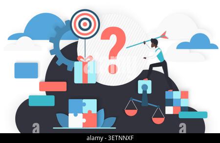 Business decision making concept with cloud shadow, question mark, target, puzzle pieces and balance scale, showing strategy, uncertainty and choice isolated on white background vector illustration Stock Vector