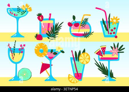 Cartoon tropical cocktails set. Color drinks on beach background. Hand drawn shakes with straws, fruits, berries, leaves, spices. Beverage, soda, juic Stock Vector