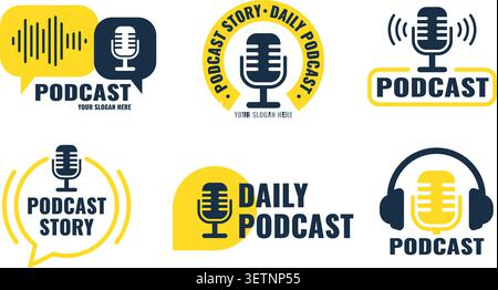 Podcast logo. Radio talk show studio mic icon, audio sound voice record broadcast social media online interview live speak stream music flat design qualitative vector illustration original artwork Stock Vector