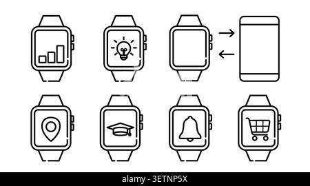 Set of 7 smartwatch device icons: minimalist black line smart watch vectors with fitness analytics, location map, e-learning, and e-commerce shopping Stock Vector