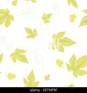 Leaves of grapes or hops. Vector illustration. Seamless spring pattern of green leaves and tendril curls highlighted on a white background. For printi Stock Vector