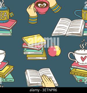 Line art tea cup standing on stack of books and hands holding mugs seamless pattern. Cozy reading time repeat background Stock Vector