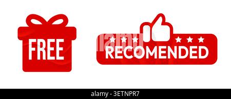 Set of red labels for marketing with Free gift and Recommended thumbs up. Vector illustration. Stock Vector