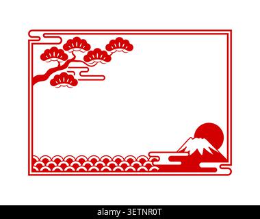 Traditional Japanese frame, decorative Asian border with oriental patterns. red Japan blank template featuring Mount Fuji with snow capped peak, rising sun, pine branch and repeating wave pattern Stock Vector
