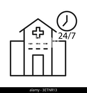 Hospital clinic building 24 7 clock outline black vector icon features fast healthcare. Visualizes emergency medicine. eps 10 Stock Vector