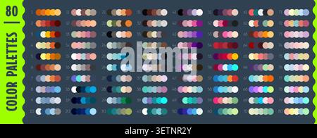 Color cool, warm and vibrant harmony palette, rgb scheme swatches. Contrast and matching colors combination guide chart template. Trendy dark and light shades palette with circle swatches Stock Vector