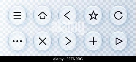 Glassmorphism UI icon set with frosted buttons. Modern interface elements for web and app. Vector illustration. Stock Vector