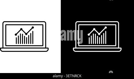 Laptop With Graph Line Icon Set. Data Analysis, Business Analytics, And Financial Reporting Outline Symbol Collection. Performance Tracking And Market Stock Vector