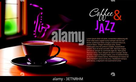 Warm coffee steams beside a glowing saxophone Stock Vector