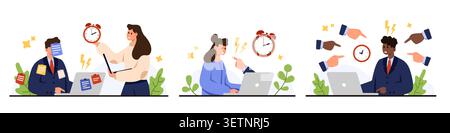 Office workers overwhelmed by workload, deadlines, angry managers and pointing fingers, showing burnout, anxiety, time pressure in modern workplace, stressed employee set isolated vector illustration Stock Vector