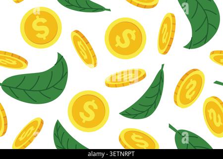 seamless pattern with dollar coins and green leaves, repeating sustainable finance background with eco investment and green economy symbols - vector i Stock Vector